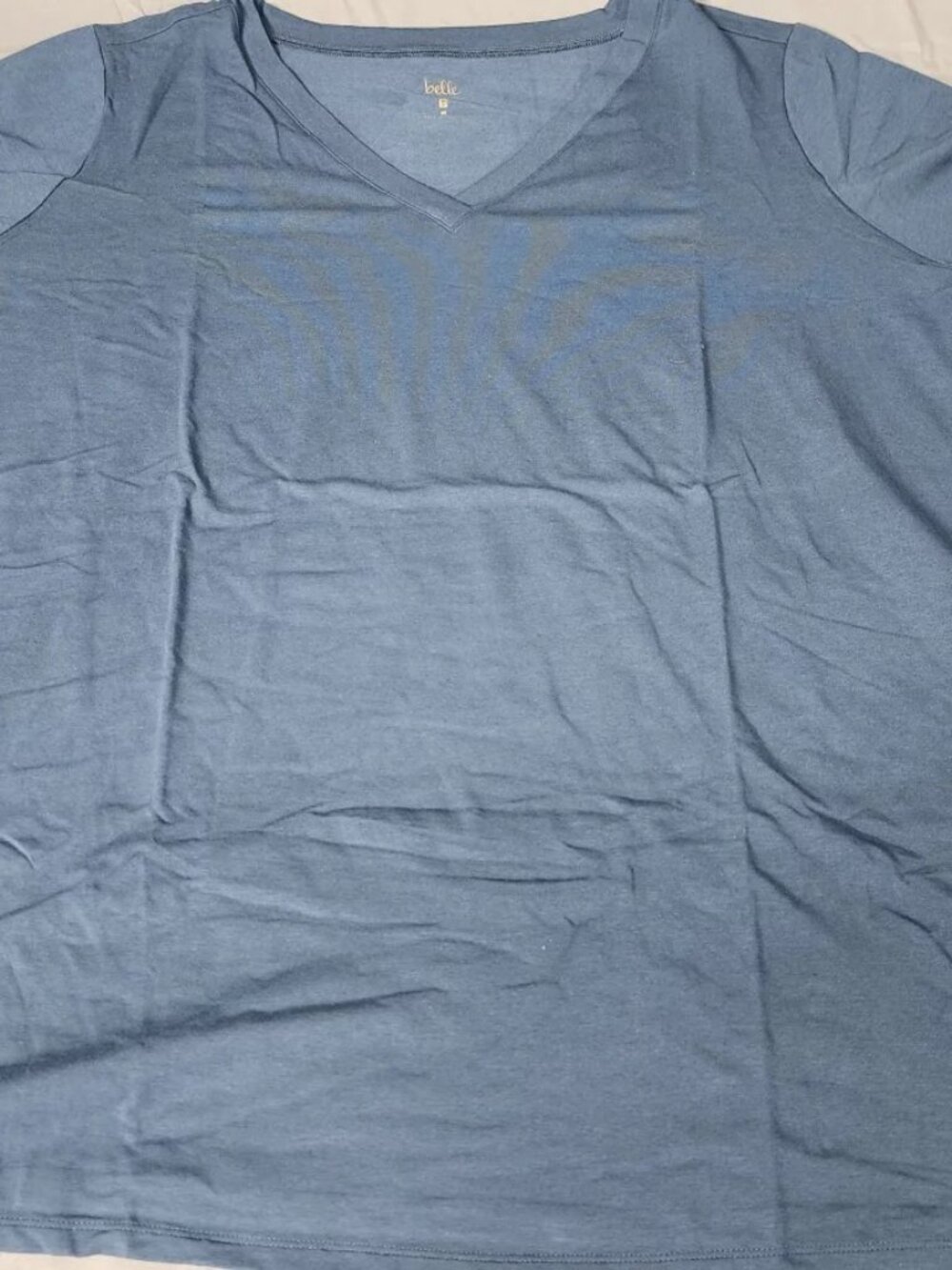 Belle by Kim Gravel 4X Plus V Neck Top Stormy Blue Solid Stretch Knit Shirt